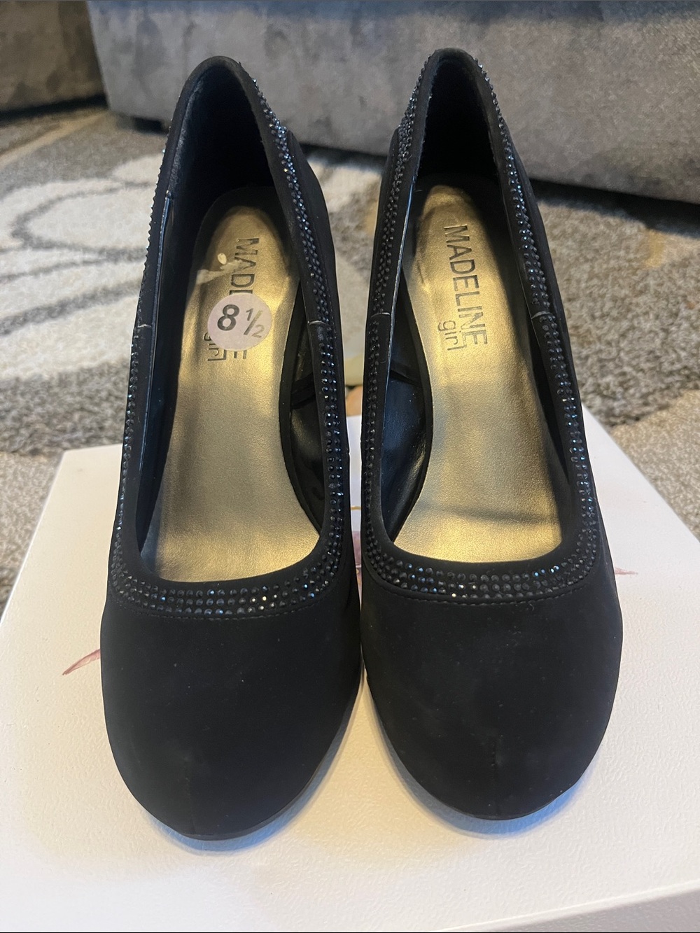 Madeline Black Suede Rhinestone-Trim Round-Toe Pump